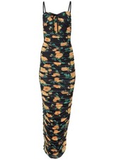 Floral ruched bodycon dress long with slit  Size small 
