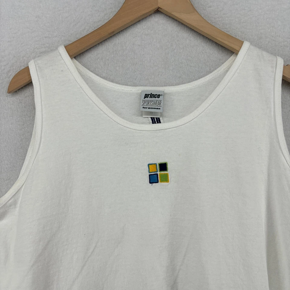 Camiseta sin mangas PRINCE para mujer L ropa deportiva tenis bordada cuadrados blanca de colección EE. UU. Foto 3 de 4