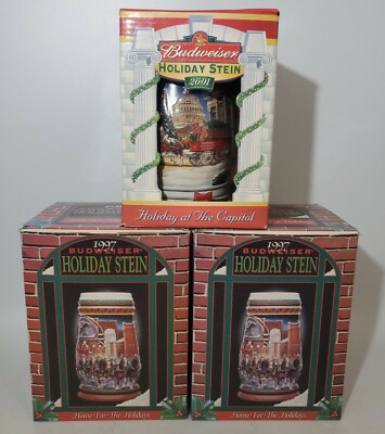 LOT OF 3 Budweiser Holiday Steins  Clydesdales Horses Christmas Beer Wagon Mugs