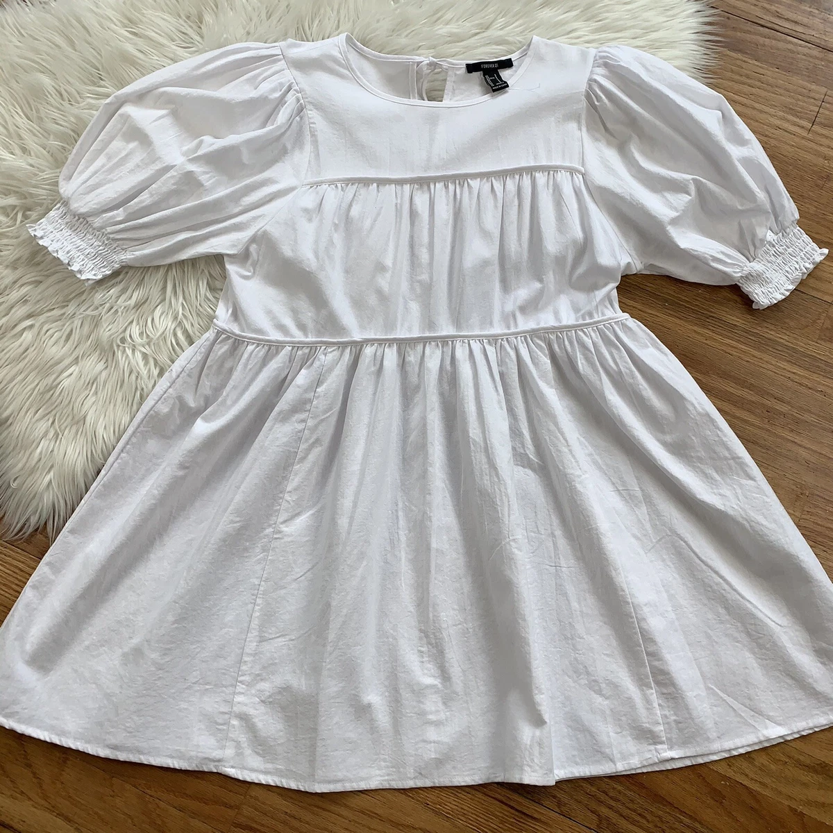 Forever 21 NWOT Women s S White Ruffle Puffy Knee Length A Lined Flowing Dress