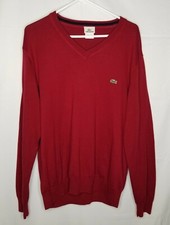 LACOSTE Pullover Sweater V-Neck Burgundy Red Mens Size 6 XL Cotton