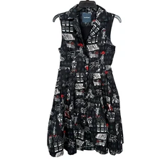 ModCloth Dress Small Black Printed Community Brunch Shirt Fit & Flare Retro