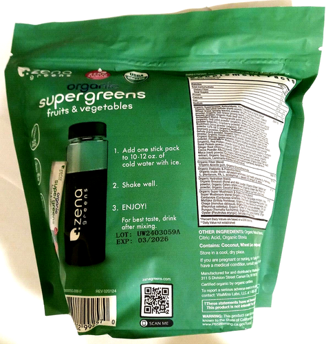 Zena Greens Organic Supergreens Fruits & Vegetables Powder 45 Packs EXP 03/2026 - Picture 2 of 6