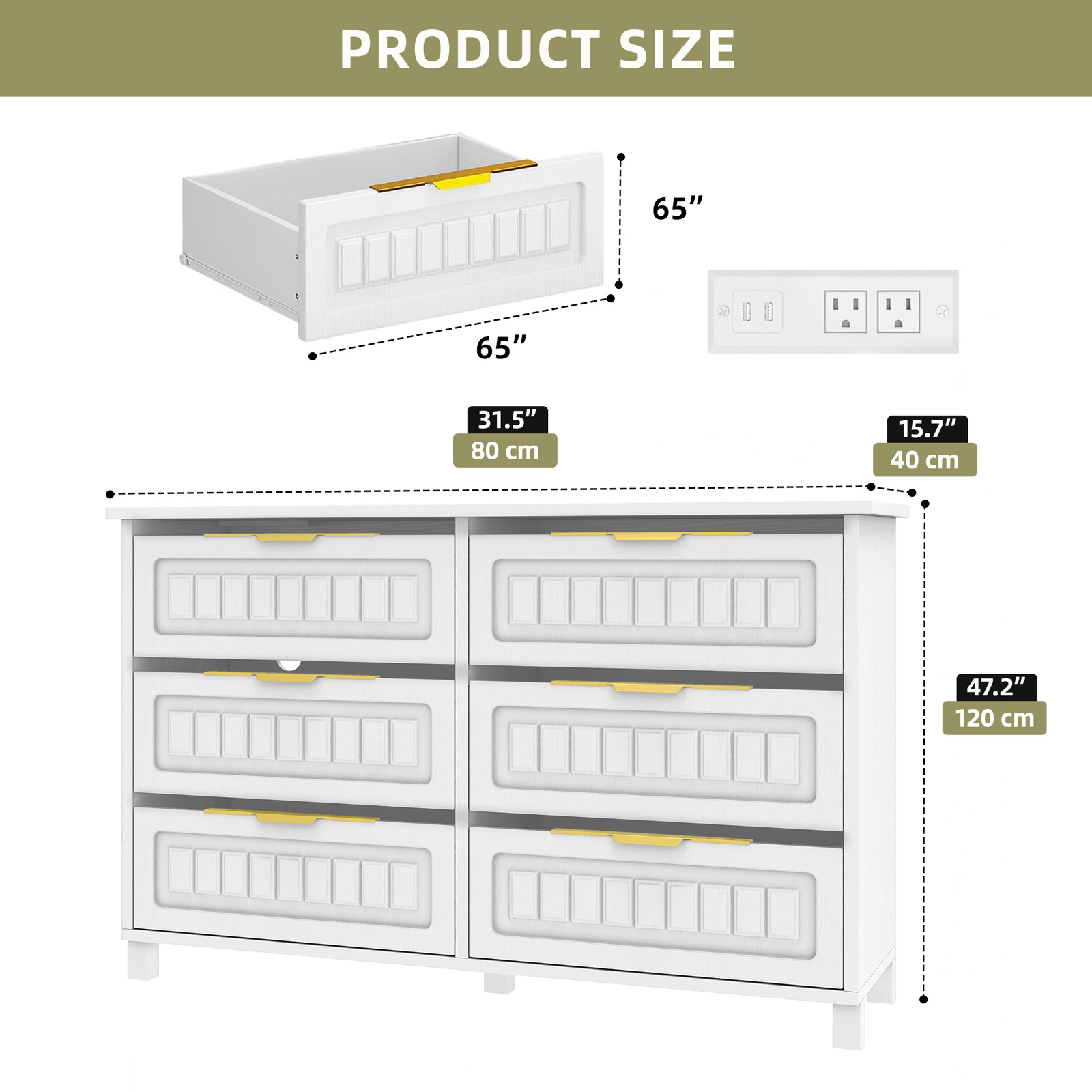 Chest of 6 Wood Drawers Dresser White Bedroom Cabinet LED Lights & Charging Dock