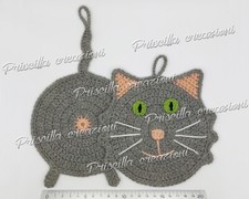 Coppia di presine cucina in lana fatte a mano all'uncinetto - Gatto