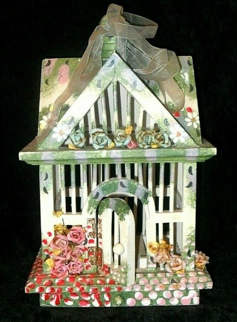 The Cutest Wooden Bird Feeder House Hand Painted Covered Porch Or