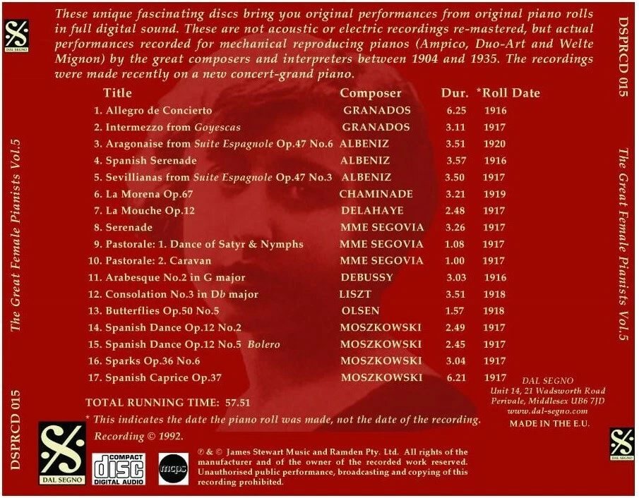 Great Female Pianists Paquita Madriguera Segovia Vol. 5 CD Digital Recording Foto 2 de 4