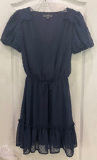 Crystal Doll Pullover Dress Size XS Dark Blue Lined Faux Tie at Waist V Neck 113