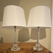 Modern Table Lamp Set, Glass  Metal, Clear Base, White Round Shade, Shiny
