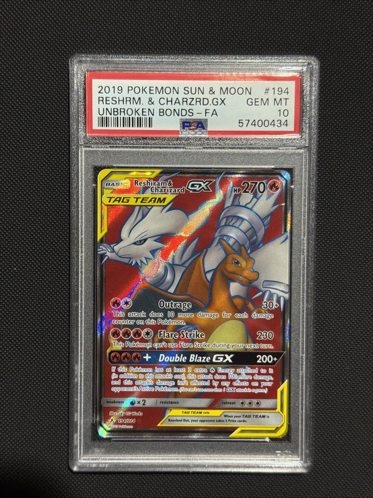 Reshiram & Charizard GX Full Art Card 194/214 Unbroken Bonds PSA 10