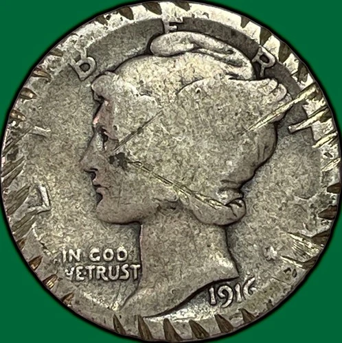 1916-D Mercury Dime Almost Good AG Coin, Damaged #38086