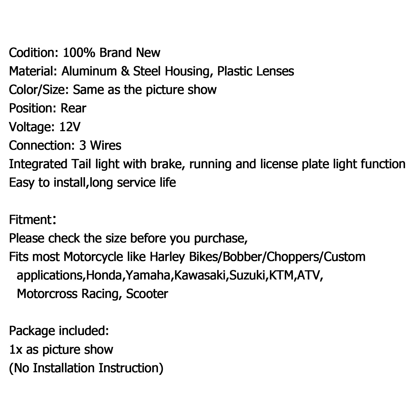 Moto Grill Brake Stop Running Tail Light For Yamaha Cafe Racer Bobber Black