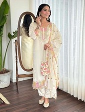 Traditional wear; Women Ivory Embroidered zari work Cotton Kurta Trouser set