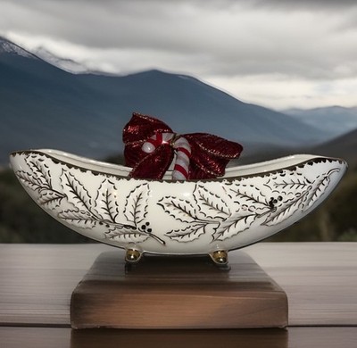 Antique Victorian Porcelain Celery Dish with Gold Holly Decoration C. 1900