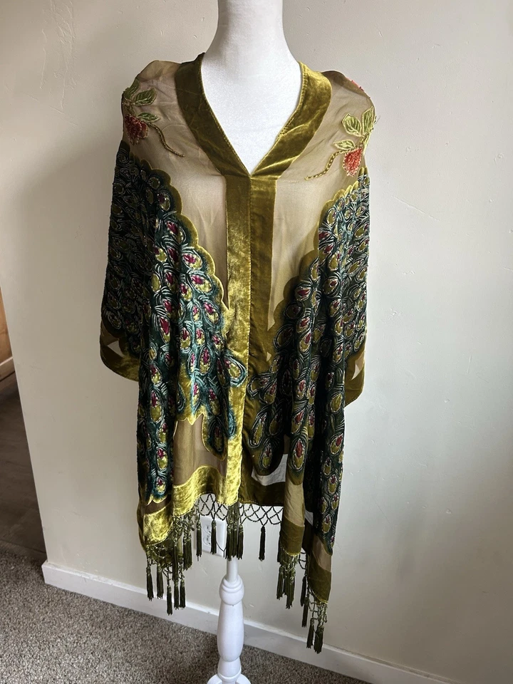 Poncho Rogue Designers Terciopelo Seda Burnout Chal TOP Borlas Cuentas Transparente EE. UU. Foto 3 de 4