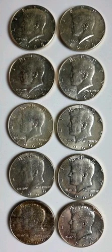 10 Lot 1966 Kennedy Half Dollar 40% Uncirculated US Silver Coins 1.479 Troy Oz.