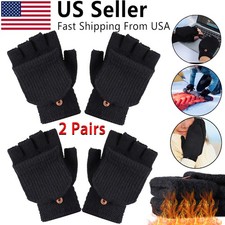 2 X Unisex Thermal Winter Wool Knitted Convertible Mittens Flap Fingerless Glove