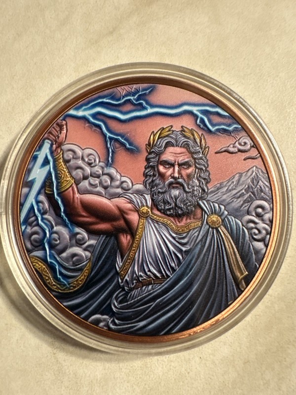5 oz .999 Copper Round Zeus Lightning Colorized Greek Mythology Capsule Coin Art