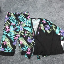 Linea Donatella 3 Piece Pajama Set Womens XL Black Floral Robe Cami Pants NWT
