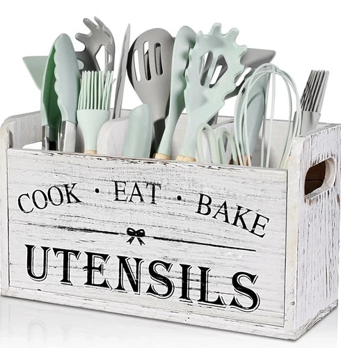 Kitchen Utensil Holder with 3 Compartments, Wooden Storage Utensil Organizer US