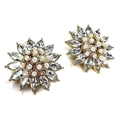 Vintage Crystal and Faux Pearl Flower Stud Post Earrings Sunflower Daisy Gold