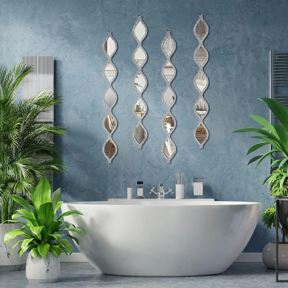 Teardrop Wall Mirrors, 4 Pcs Rustic Diamond Mirror Decor for Bathroom, Silver - Image 4 of 4