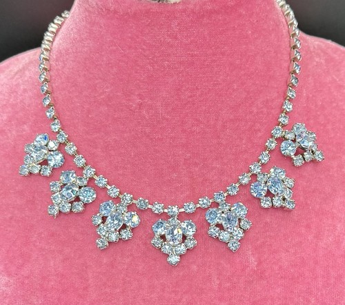 Vintage Coro Ice Blue Rhinestone Dangle Choker Bib Necklace Statement 1950s #662