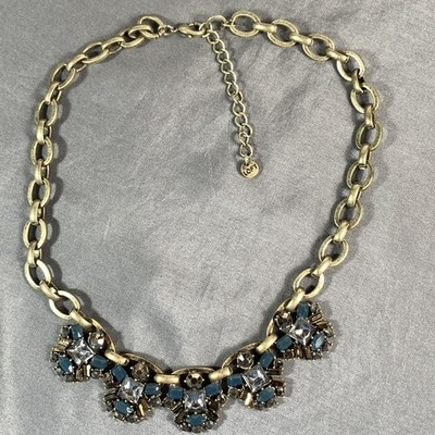 Ann Taylor LOFT Necklace 19'' Gold Statement Rhinestone Prussian Blue Silver-Gray