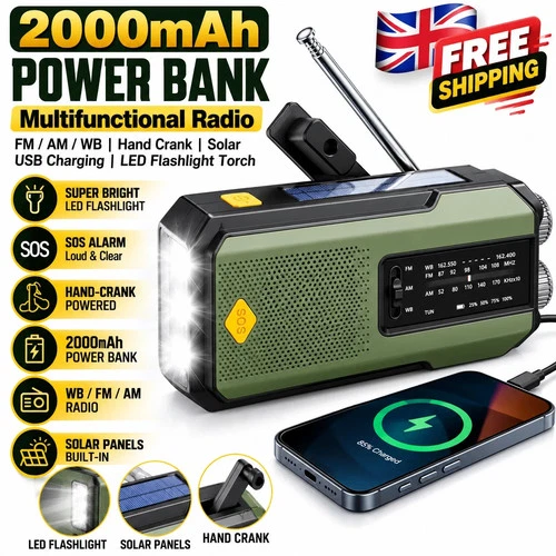 2000mAh Wind Up Solar Radio Hand Crank Emergency FM/AM Power Bank LED Torch uk - Picture 1 of 7