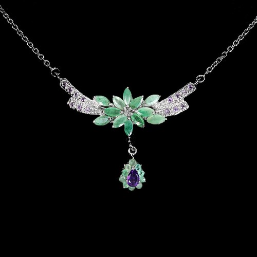 925 Sterling Silver Necklace Pear Amethyst 6x4mm Emerald Gemstone Jewelry 18in