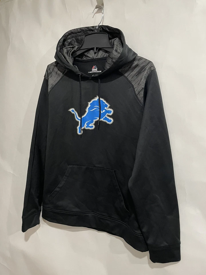 Majestic Terma Base Size L Hoodie Sweatshirt Black Logo Lions Foodball Detroit  - Image 2 of 4