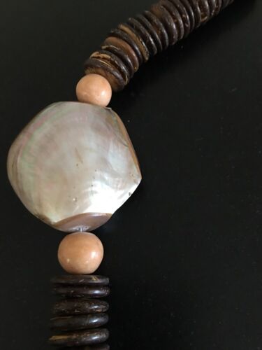African Wood Beads Tribal Statement Necklace BOHO Shell 28" - Picture 2 of 10