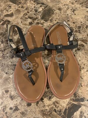 Womens Michael Kors Leather Brown Ankle T-Strap Sandals Flats Shoes Size 5 [B6]