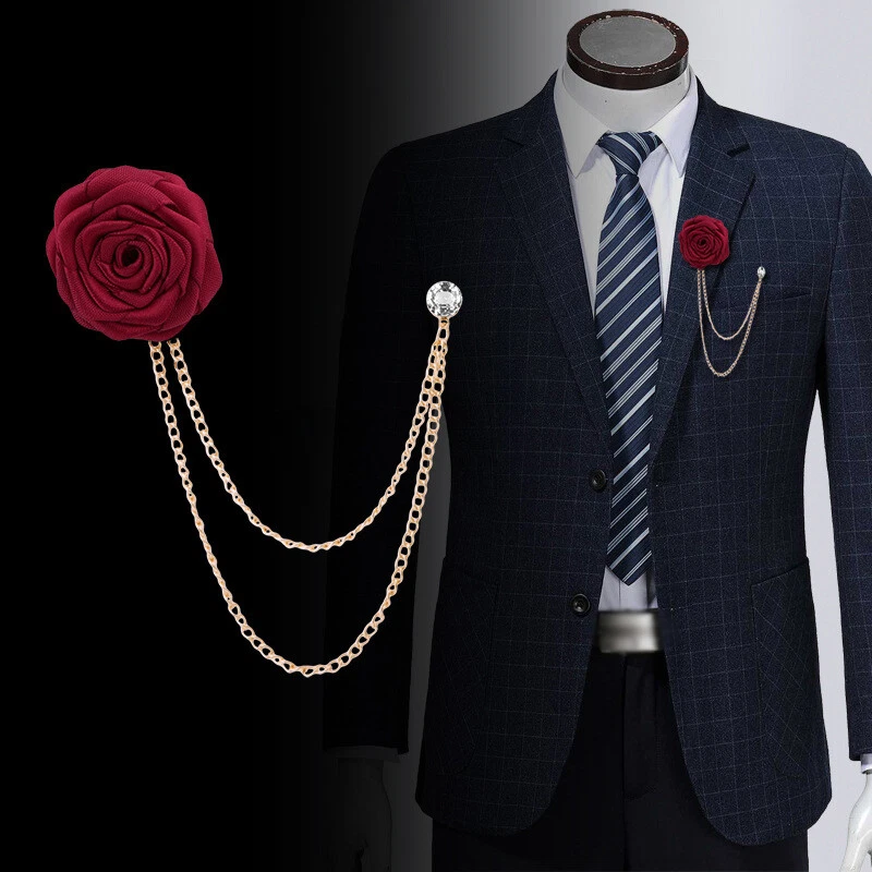 Men Brooch Solid Cloth Rose Flower Lapel Suit Pin Metal Tassel Chain Wedding