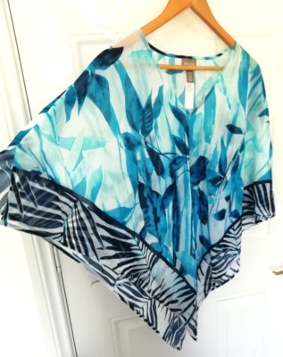 Chico's Einheitsgröße zweifarbig blau marine weiß Blatt halbtransparent Poncho Bluse Top