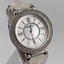 Fossil Womens Watch ES-2766 Quartz 36mm Case Pearl Look Dial White Leather Band