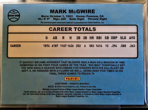 Mark McGwire 2020 Panini Donruss PLAYER WORN Jersey Patch 🔥🔥 - Picture 2 of 2