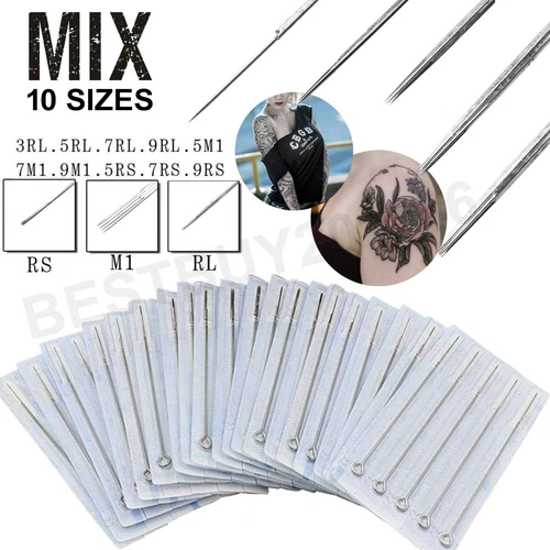 100pcs Mixed Assorted Tattoo Needles 10 Sizes-3 5 7 9RL 5 7 9RS 5 7 9M1 - product listing photo