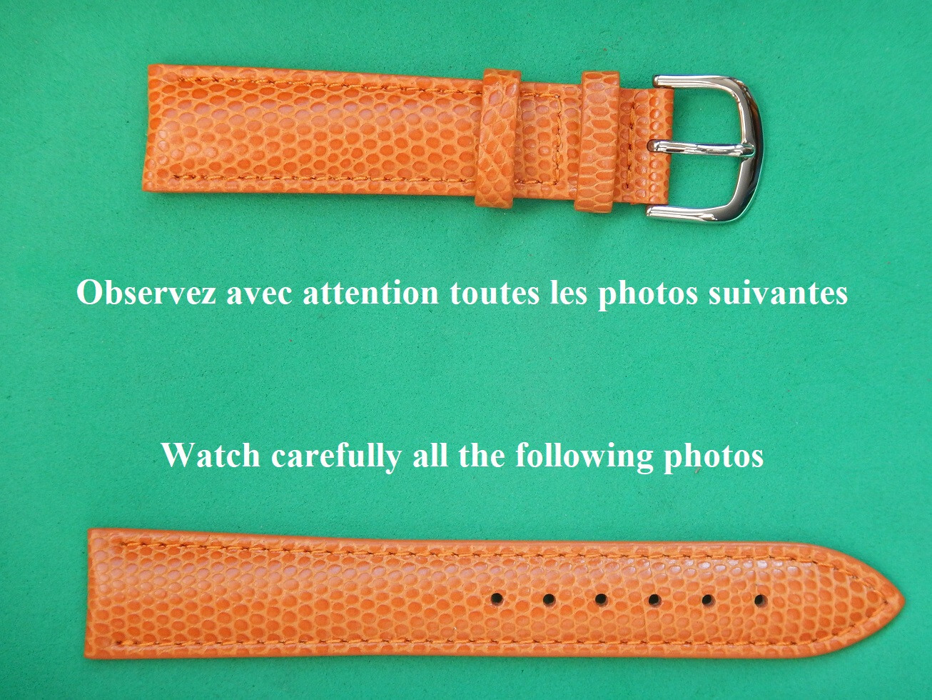 Bracelet montre 12mm cuir véritable orange façon lézard bracelet de montre cousu
