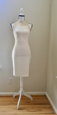 Bisou Bisou Studded Mock Neckline Midi Bodycon Off White Gold Cocktail Dress  2 | eBay