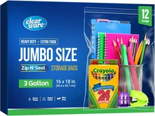 12 Large Plastic Bags with Zipper Top - 3 Gallon Bags 16" X 18", Extra Large Sto