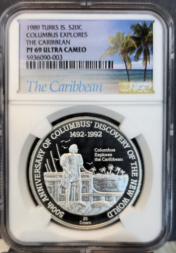 1989 TURKS & CAICOS SILVER 20 CROWNS THE CARIBBEAN NGC PF 69 ULTRA CAMEO TOP