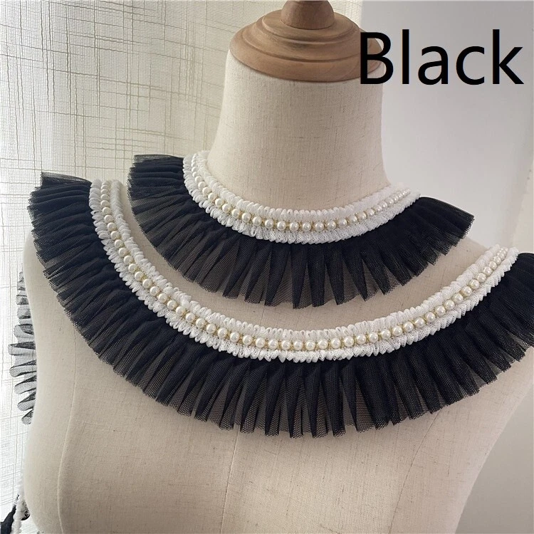 2M Lace Net Ruffle Trim Faux Pearl Beaded Pleated Mesh Ribbon Edge Sewing Decor - Image 2 of 4