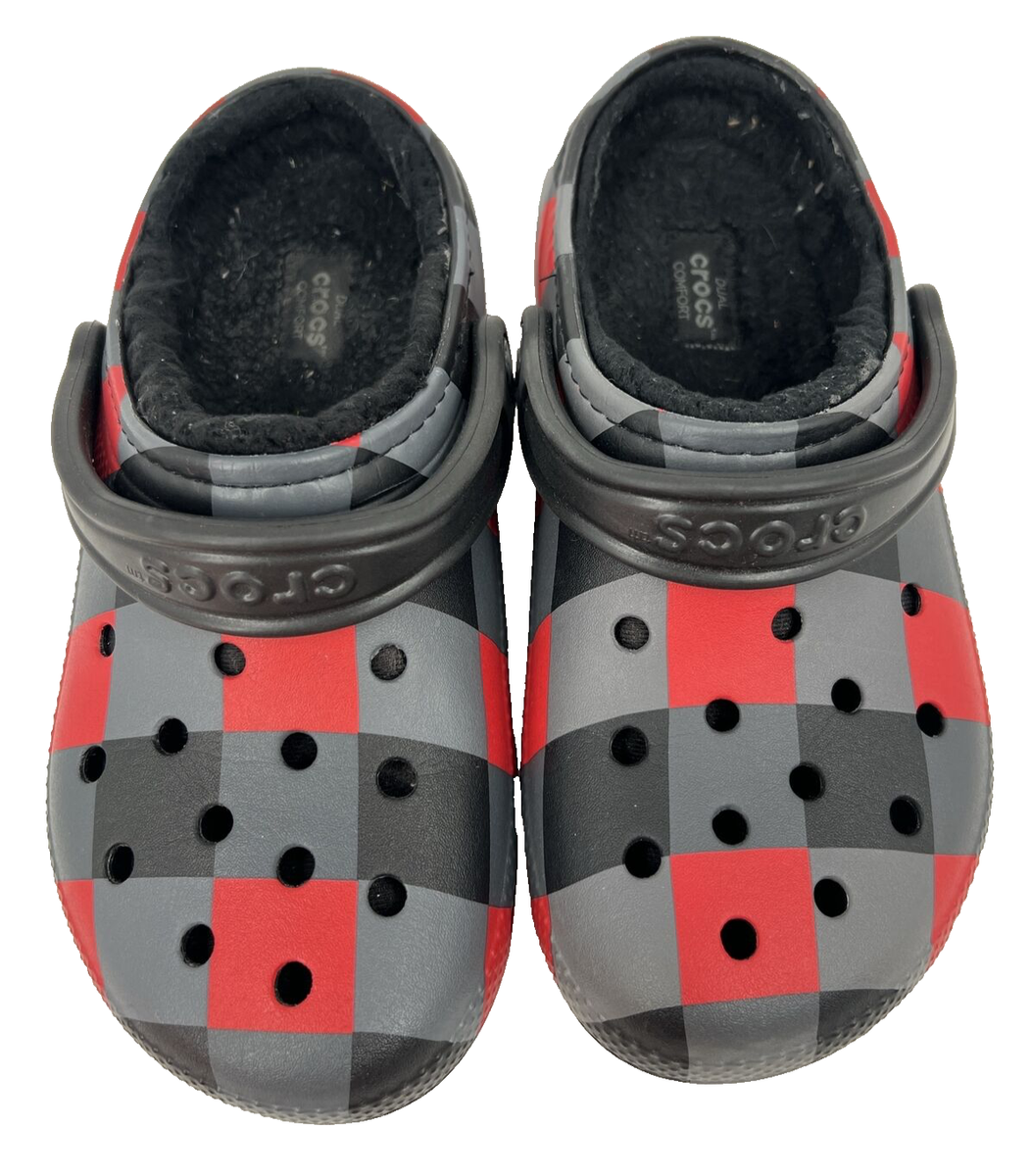 Crocs Classic Fur Lined Plaid Checkered Fleece Clog Grey Red Black