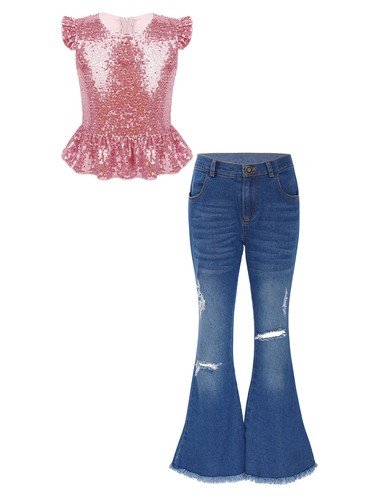 Girls 2Piece Sparkly Sequins Crop Top with Ripped Flared Jeans Pants Outfit - Picture 39 of 57