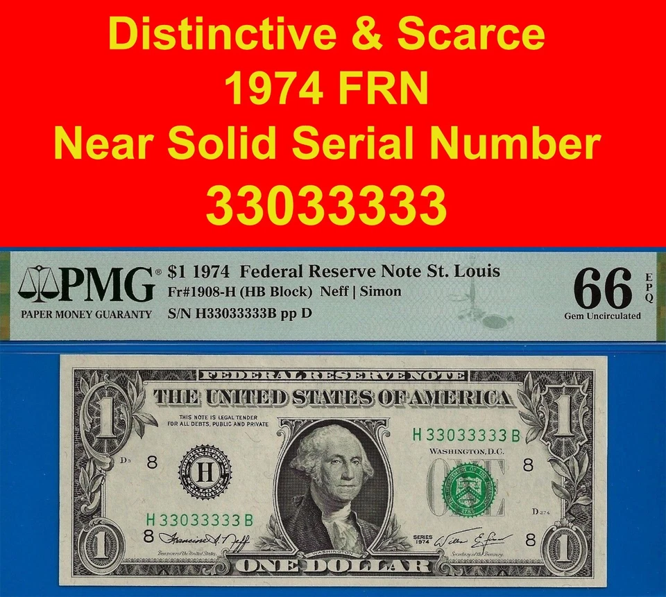1974 $1 Federal Reserve Note PMG 66EPQ - Near Solid Serial Number 33033333 - Image 3 of 4