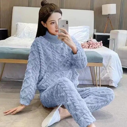 PajamasSet LongSleeved SolidColor Jacquard Loose Fleece Pullover 2 Piece Sets - Picture 5 of 18