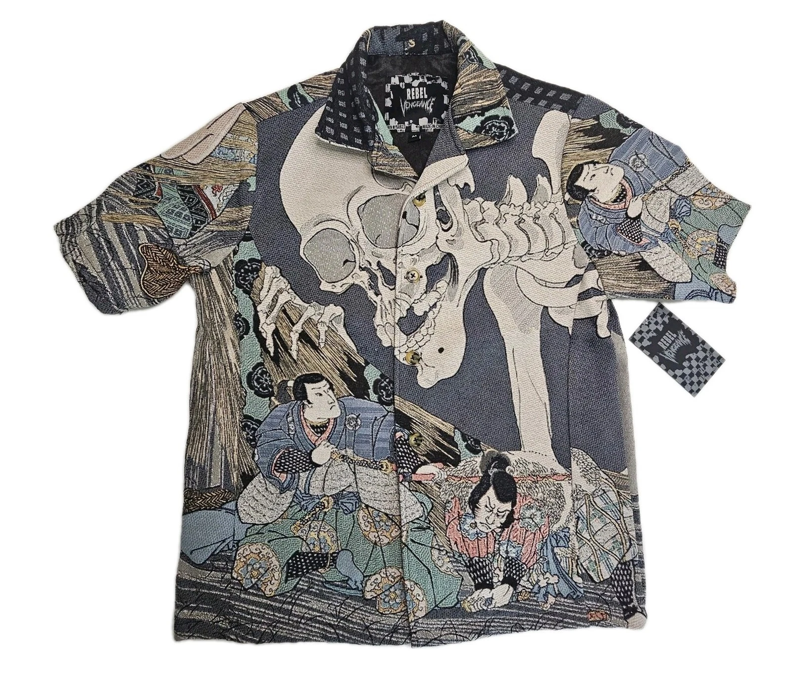 Rebel Renegade Samurai Skeleton Skull Graphic Button Up Shirt M | Japanese Ukiyo