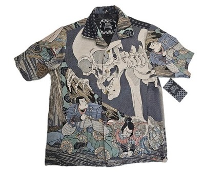 Rebel Renegade Samurai Skeleton Skull Graphic Button Up Shirt M | Japanese Ukiyo