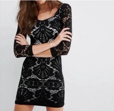Free People Intimately Lace Bodycon Dress Black Medallion Lined M/L